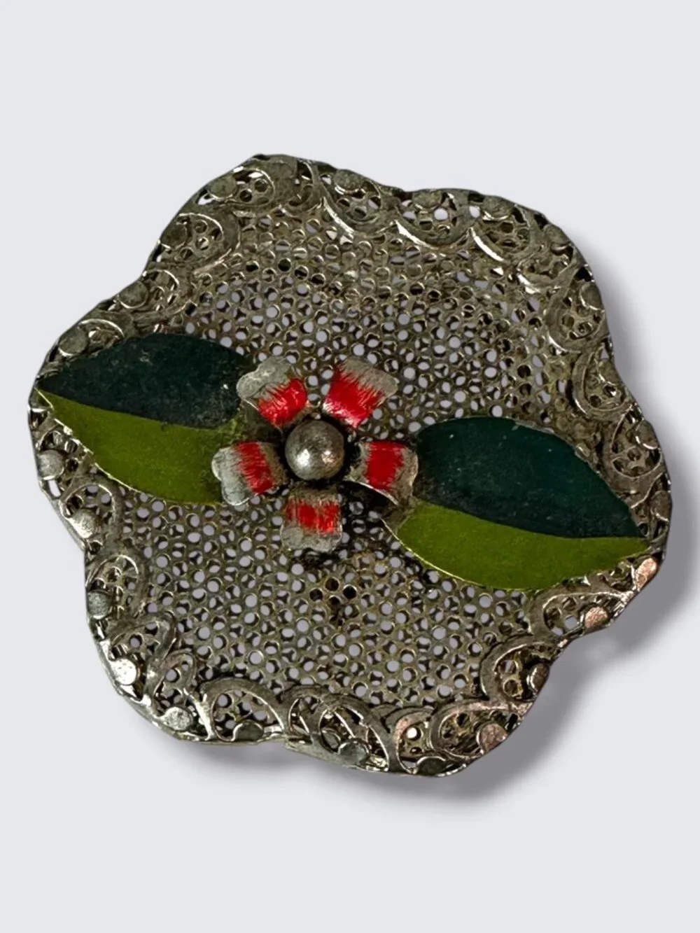 Vintage Handcrafted Silver-Tone Flower Trinket Box With Filigree Design And Enam